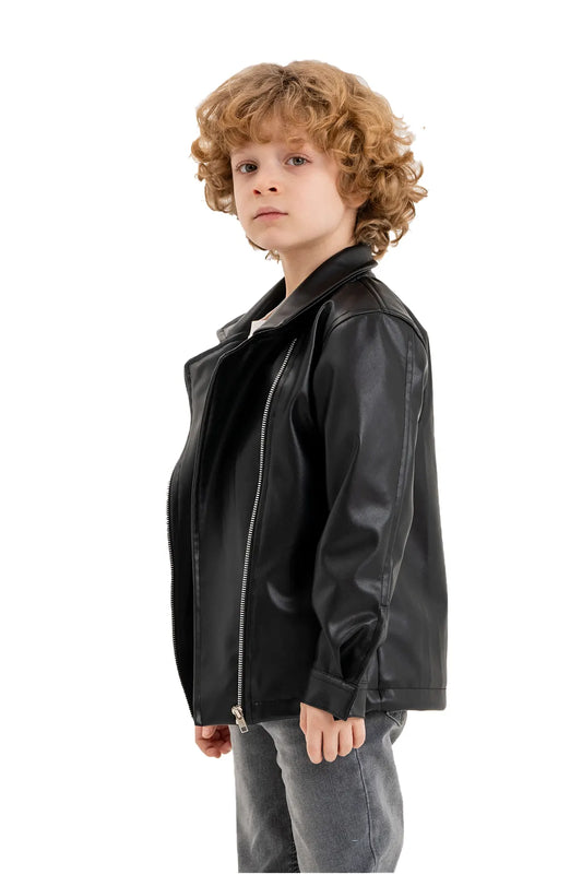 Kids' V-Neck Leather Zip-Up Jacket with Zipper Details