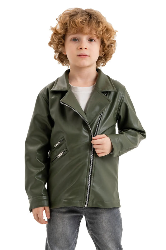 Kids' V-Neck Leather Zip-Up Jacket with Zipper Details