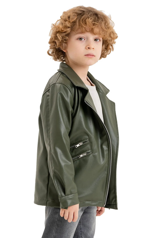 Kids' V-Neck Leather Zip-Up Jacket with Zipper Details