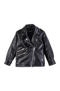 Kids V-Neck Leather Zip-Up Black Jacket with Zipper Details