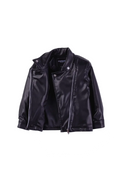 Kids V-Neck Leather Zip-Up Black Jacket with Zipper Details