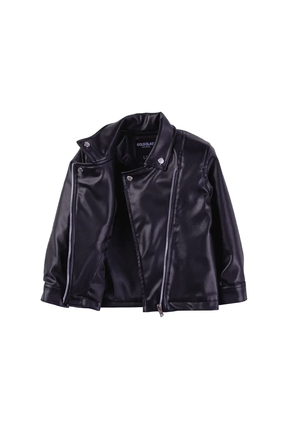Kids V-Neck Leather Zip-Up Black Jacket with Zipper Details