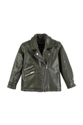 Kids V-Neck Leather Zip-Up Green Jacket with Zipper Details