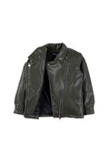 Kids V-Neck Leather Zip-Up Green Jacket with Zipper Details