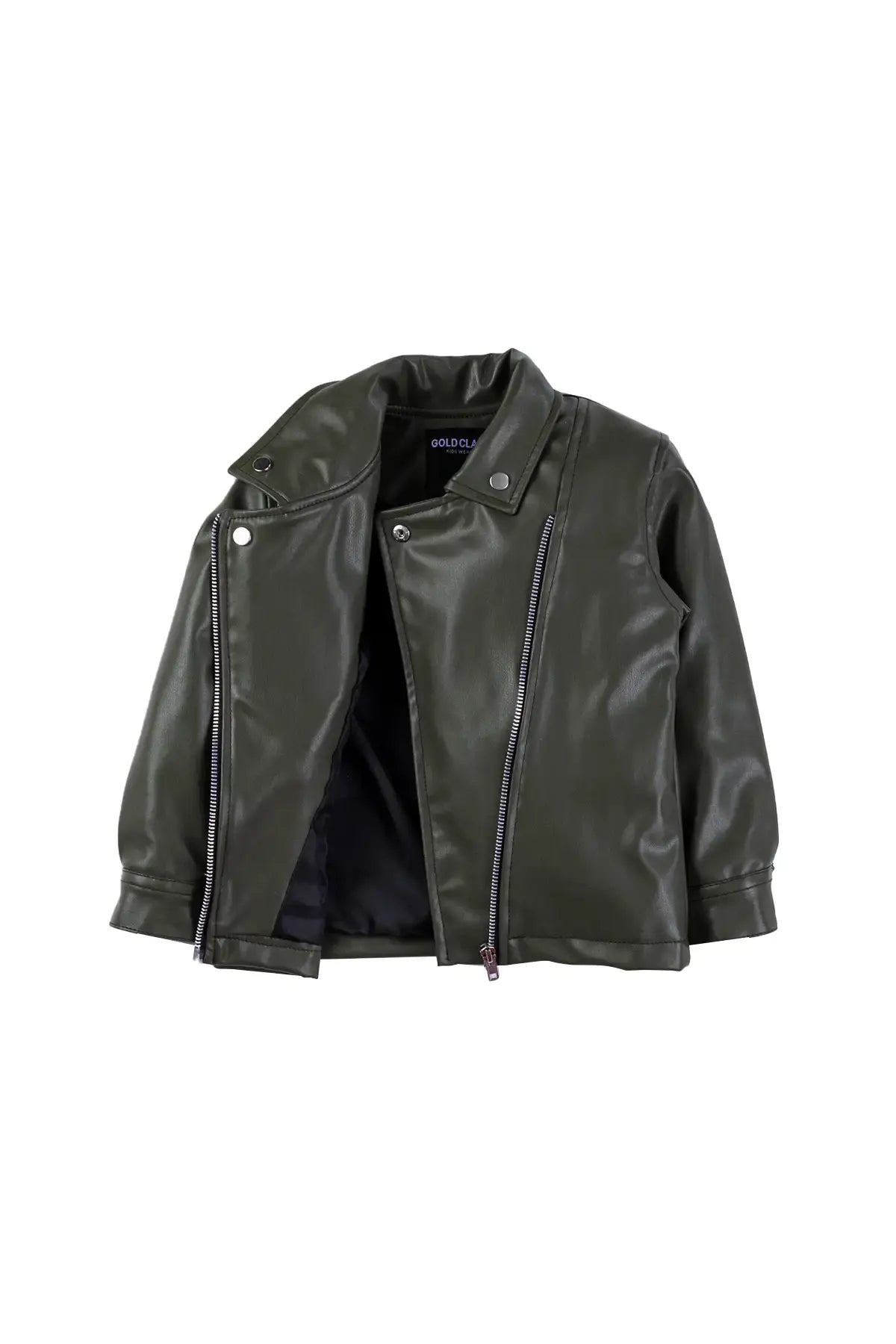 Kids V-Neck Leather Zip-Up Green Jacket with Zipper Details