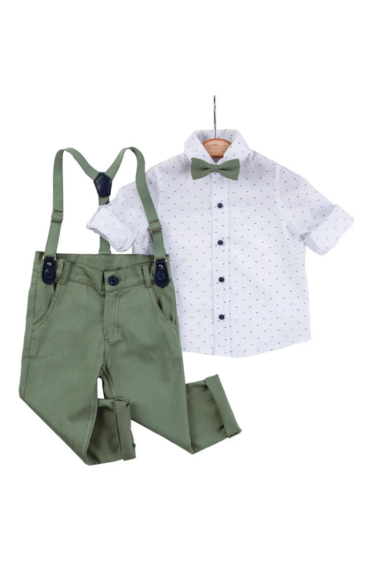 flat photo of green shirt salopet trouser kid set